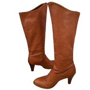 Slouchy Soft Leather Boots Cognac With Roll Over Shaft in Corduroy Comfort Heel